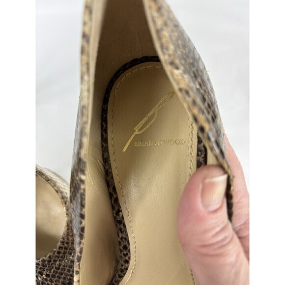 Brian Atwood Florencia Platform Heels Snake Print Brown Tan 8 Open Peep Toe - Picture 10 of 13